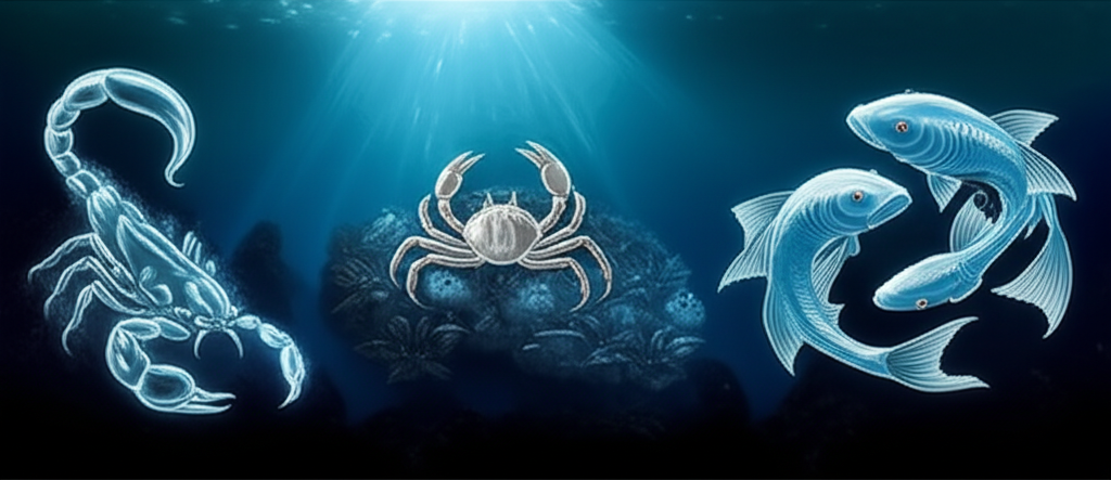 Символическое изображение, где знаки зодиака воды — Рак, Скорпион и Рыбы — объединены потоками энергии.