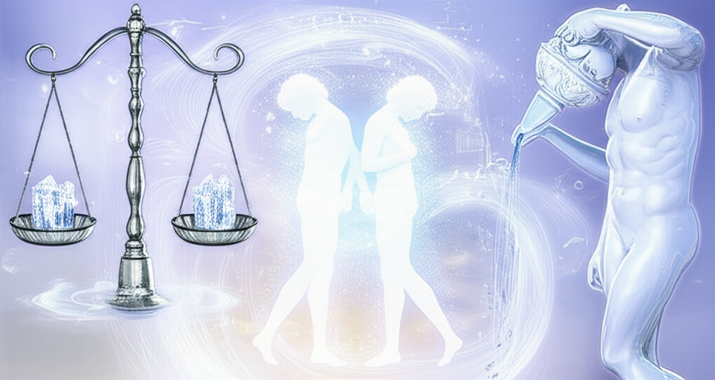 Символическое изображение, где представлены знаки зодиака воздух: Близнецы, Весы и Водолей, объединенные стихией.