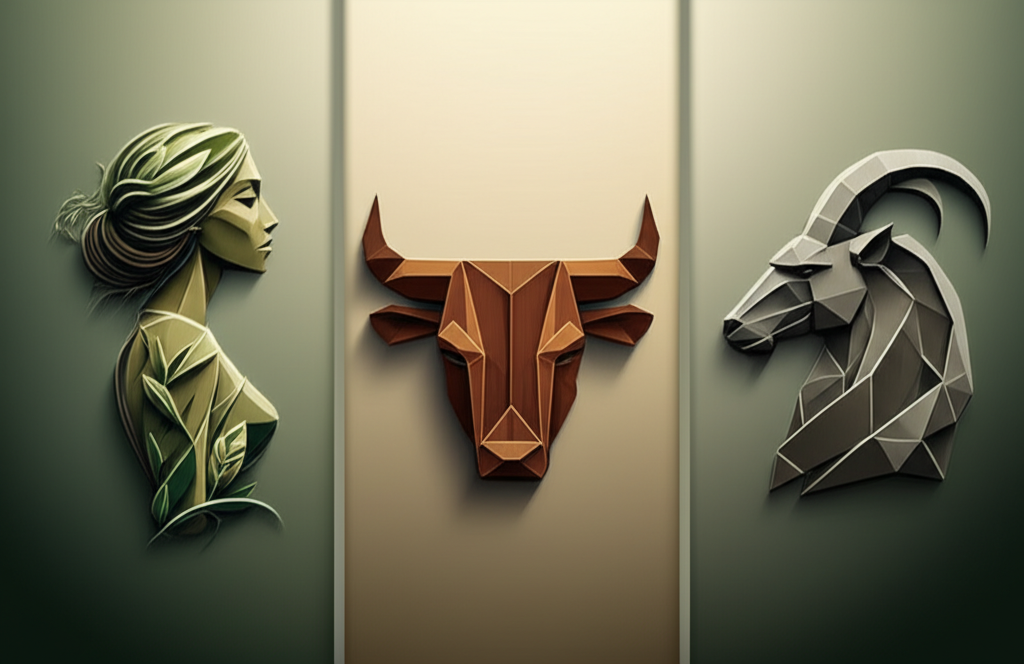 Символическое изображение знаки зодиака земли — Телец, Дева и Козерог