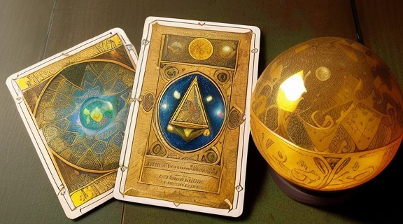 Иллюстрация, изображающая подборку Знаменитые колоды таро на антикварном столе