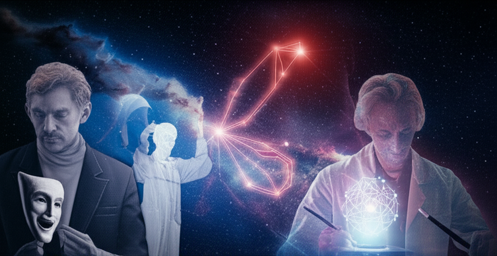 Космическая композиция, символизирующая знаменитые Скорпионы и их таланты в разных сферах.