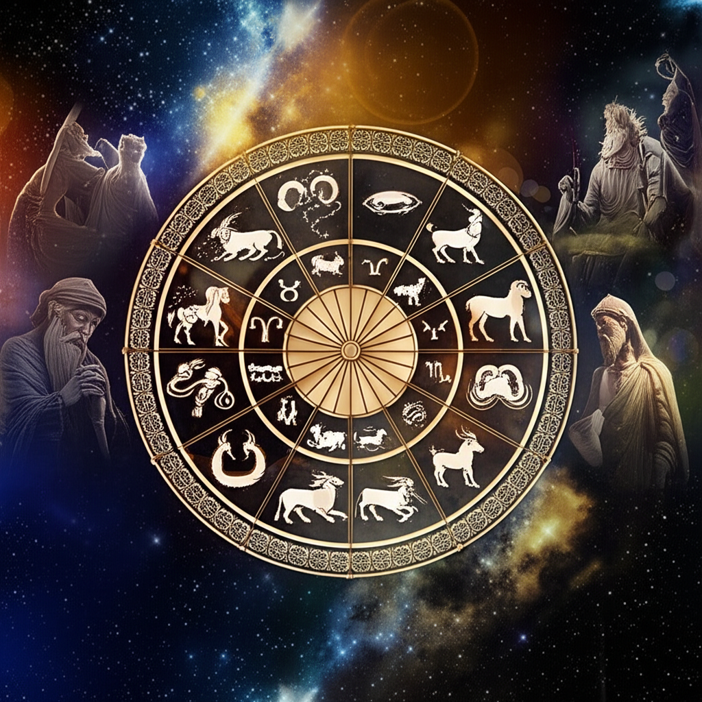 Древнее изображение зодиакального круга, отражающее зодиак и его происхождение в контексте древних цивилизаций и небесных наблюдений.