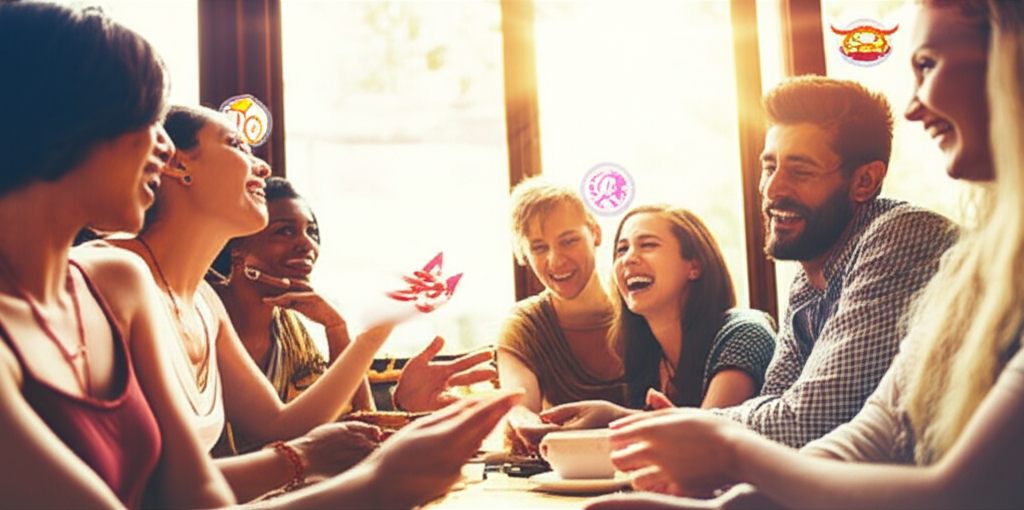 Группа разнообразных друзей, символизирующих разные знаки зодиака, взаимодействуют в гармоничной обстановке, демонстрируя крепкие знаки зодиака в дружбе.