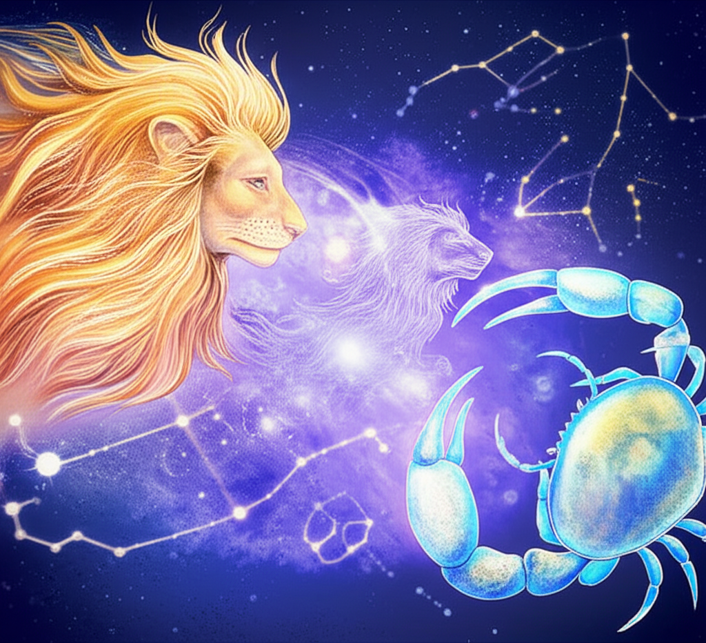 Иллюстрация, символизирующая космическую гармонию двух знаков зодиака на фоне звёздного неба, демонстрирующая **совместимость знаков зодиака в любви**.