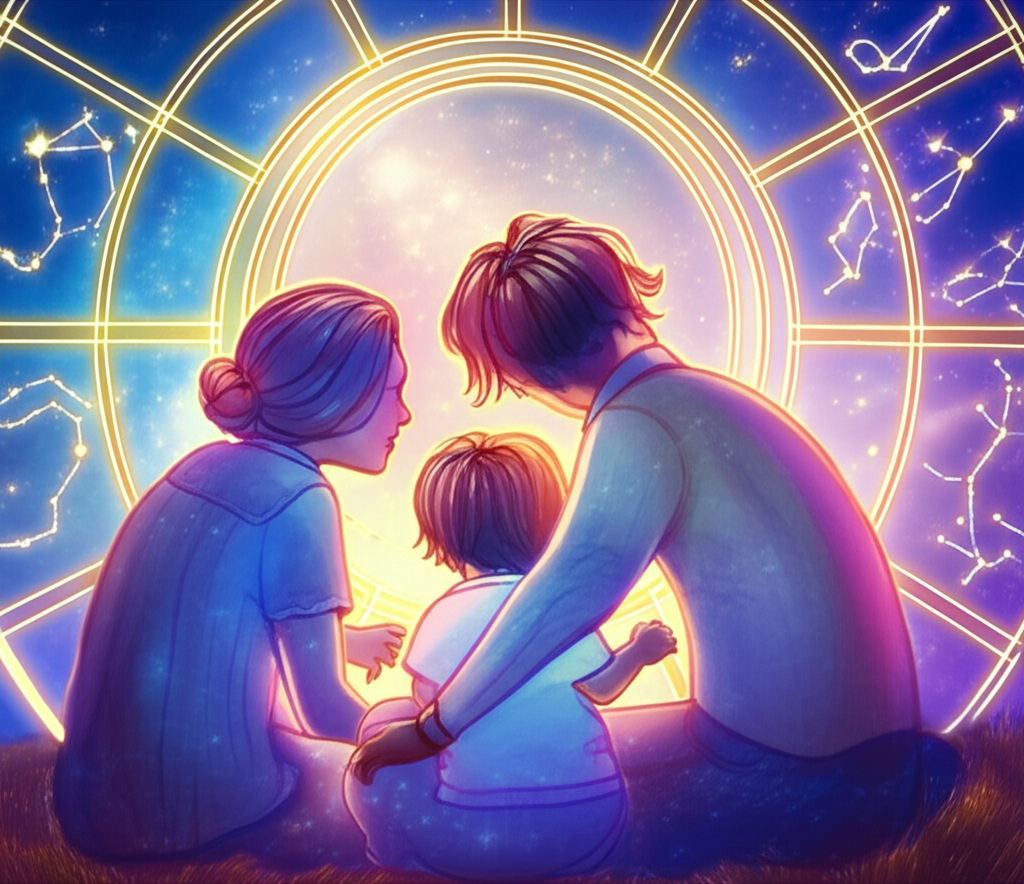 Семья смотрит на звездное небо с элементами зодиака, символизируя астрологию для родителей гороскоп ребенка и понимание индивидуальности малыша.