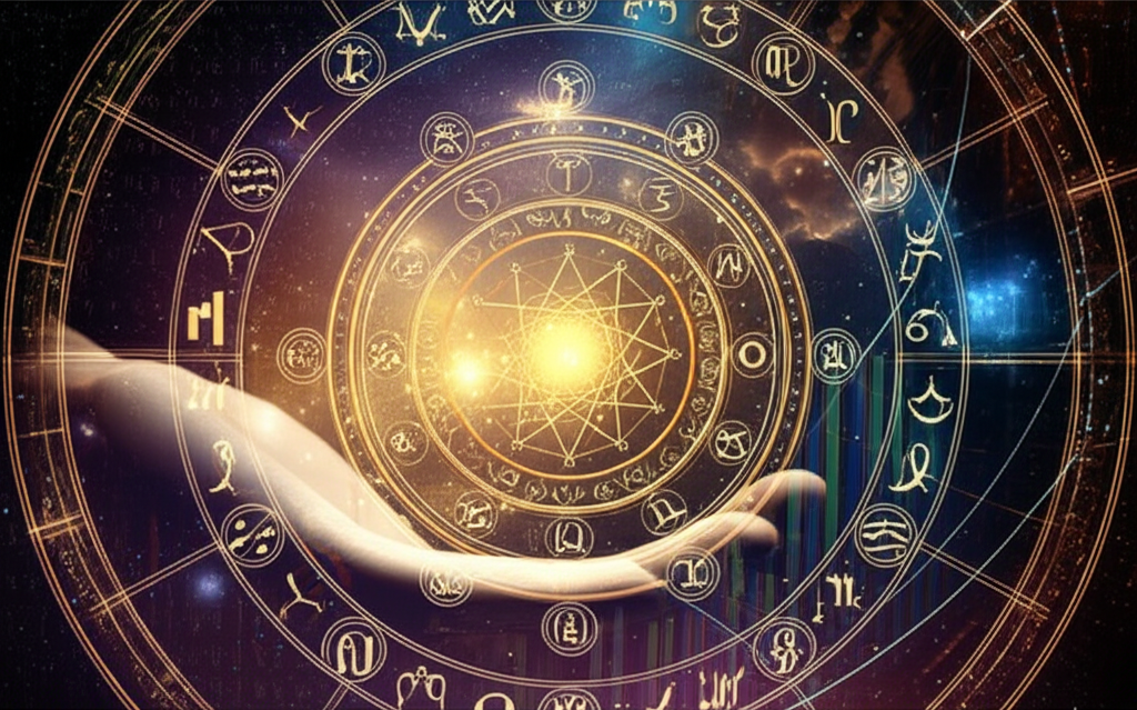 Изображение, сочетающее космические элементы и финансовые символы, отражающее тему «финансовая стабильность по гороскопу».