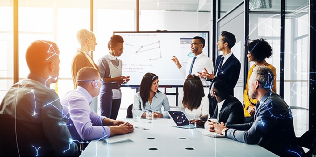 Изображение демонстрирует профессионалов в современном офисе, обсуждающих проект, с тонкими, полупрозрачными символами <strong>знаков зодиака</strong>, интегрированными в дизайн окружения, подчеркивая влияние астрологии на рабочие отношения и самопознание.