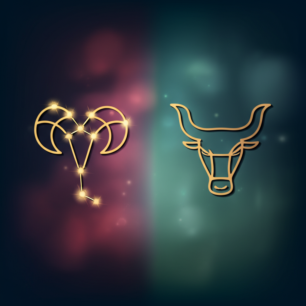 Стилизованное изображение символов зз апрель — Овна и Тельца на фоне звездного неба.